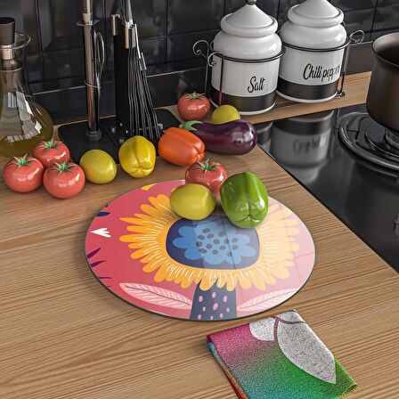 Decovetro Cam Kesme Tahtası Yuvarlak Somon Çiçek Desenli 30x30 Cm