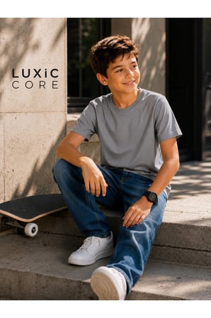 Luxic Core Erkek Çocuk Tişört Gri 7-8 Yaş Pamuk Oversize Bisiklet Yaka Kısa Kol