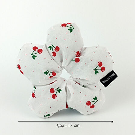 WoodyCord El Yapımı Kiraz Desenli Beyaz Çiçek Scrunchie Topuz Tokası