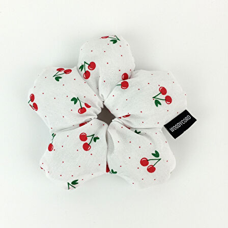 WoodyCord El Yapımı Kiraz Desenli Beyaz Çiçek Scrunchie Topuz Tokası