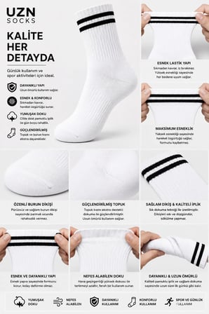Unisex Beyaz Siyah Çizgili Kolej Stil Spor Çorap – 6’li Paket YÜKSEK PAMUK ORANLI