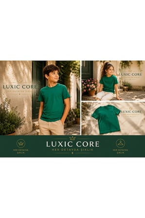 Luxic Core Unisex Çocuk Tişört Yeşil Oversize Bisiklet Yaka Pamuk 11-12 Yaş
