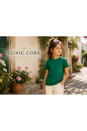 Luxic Core Unisex Çocuk Tişört Yeşil Oversize Bisiklet Yaka Pamuk 11-12 Yaş