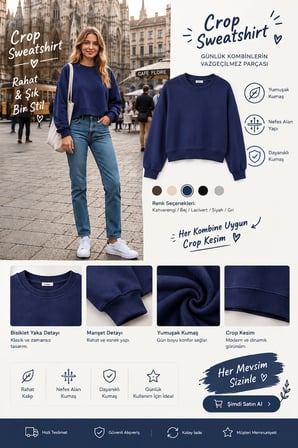 Kadın Crop Sweatshirt Bisiklet Yaka Pamuklu Yumuşak Dokulu Günlük Spor Sweatshirt