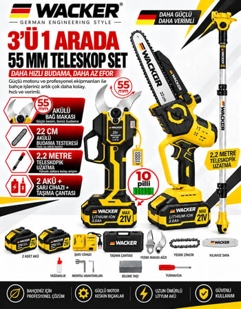 Prowackers W-4080 Dijital Budama Makası 55 mm + Otomatik Yağ Pompalı Zincirli Testere + Teleskopik Uzatma 2 Akülü 10 PİLLİ