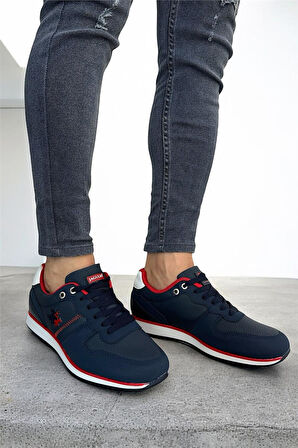 Erkek Günlük Cilt Sneaker Ayakkabı LACİVERT - BEYAZ