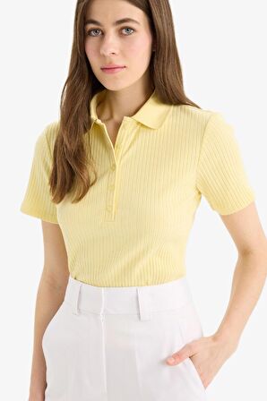 Slim Fit Dar Kesim Fitilli Kaşkorse Kısa Kollu Polo Tişört