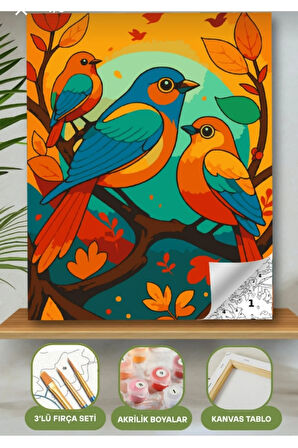 Sayılarla Boyama Seti 40x50 Cm (Çıtalı) Fırça Boya Dahil Numaralı Tuval 3 kuş