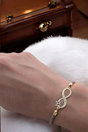 Cansu İsmine Özel Örgü İpli Sonsuzluk Figürlü 14 Ayar Altın Plakalı Hediye Bileklik-329isim-krem