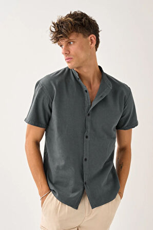 Erkek Yazlık Hakim Yaka Kısa Kol Düğmeli Rahat Kalıp %100 Pamuk Gömlek E212-1