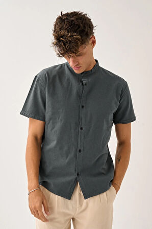 Erkek Yazlık Hakim Yaka Kısa Kol Düğmeli Rahat Kalıp %100 Pamuk Gömlek E212-1