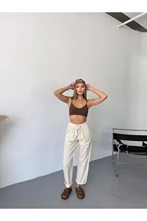 Kadın Keten Pantolon Dikiş & Nakış Detaylı Rahat Kalıp Pantolon W215-20