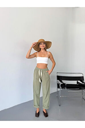 Kadın Keten Pantolon Dikiş & Nakış Detaylı Rahat Kalıp Pantolon W215-8