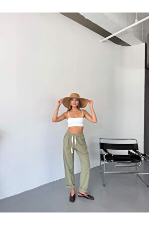 Kadın Keten Pantolon Dikiş & Nakış Detaylı Rahat Kalıp Pantolon W215-8