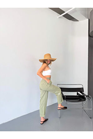 Kadın Keten Pantolon Dikiş & Nakış Detaylı Rahat Kalıp Pantolon W215-8