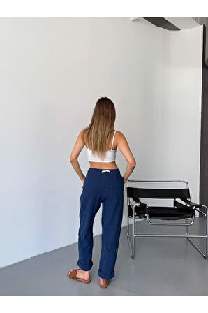 Kadın Keten Pantolon Dikiş & Nakış Detaylı Rahat Kalıp Pantolon W215-3