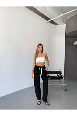 Kadın Keten Pantolon Dikiş & Nakış Detaylı Rahat Kalıp Pantolon W215-16