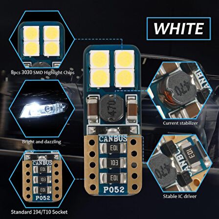 Led Ampul T10 8 Smd Canbus'Lı Beyaz 2'Li Set 12V / Laam628