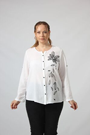 3293 Çiçek Baskılı Organik Keten Kumaş Mevsimlik Gömlek