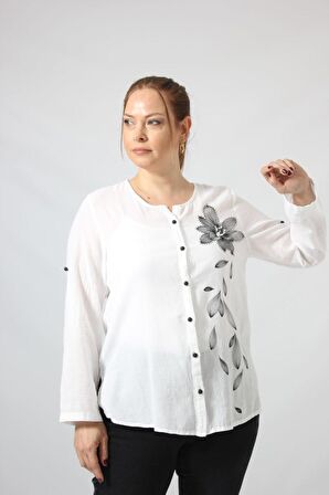 3293 Çiçek Baskılı Organik Keten Kumaş Mevsimlik Gömlek