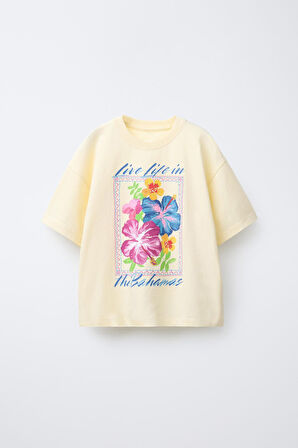 Yaz Çiçekleri Baskılı %100 Pamuk Oversize Kız Çocuk Tişört