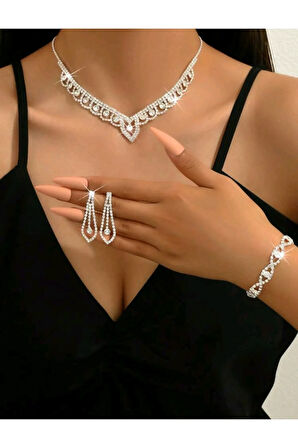 Gümüş Kaplama Menekşe Kolye,küpe Ve Bileklik Seti 3'lü Set Davet Düğün Nişan Abiye