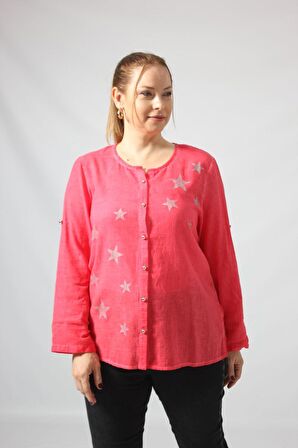 3294 Yıldız Baskılı Organik Keten Kumaş Mevsimlik Gömlek