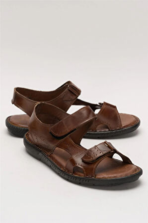 Erkek İçi Dışı Hakiki Deri Ortopetik Yazlık Esnek ve Çok Hafif Günlük Ayakkabı Sandalet TABA