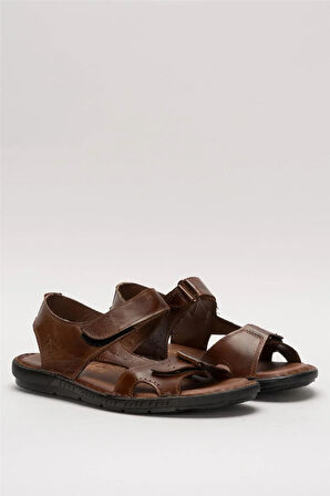 Erkek İçi Dışı Hakiki Deri Ortopetik Yazlık Esnek ve Çok Hafif Günlük Ayakkabı Sandalet TABA