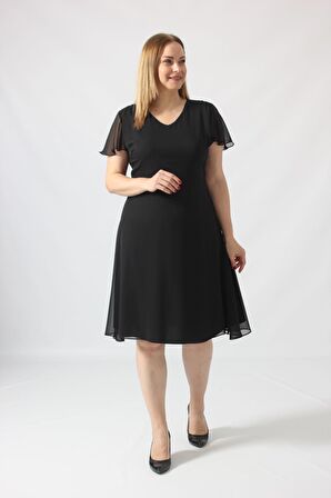 3297 Kolu Fırfırlı Bele Oturan Astarlı Şifon Elbise