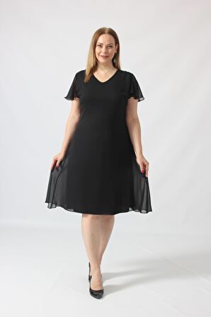 3297 Kolu Fırfırlı Bele Oturan Astarlı Şifon Elbise