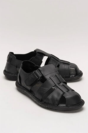 Erkek İçi Dışı Hakiki Deri Ortopetik Yazlık Esnek ve Çok Hafif Günlük Ayakkabı Sandalet SİYAH