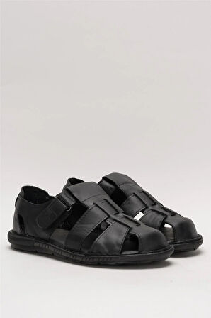 Erkek İçi Dışı Hakiki Deri Ortopetik Yazlık Esnek ve Çok Hafif Günlük Ayakkabı Sandalet SİYAH