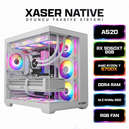 Xaser Native X60 Ryzen 7 5700X 32GB Ram 1TB M.2 NVMe SSD 8GB RX9060XT Sıvı Soğutmalı Hazır Sistem Oyuncu Bilgisayarı