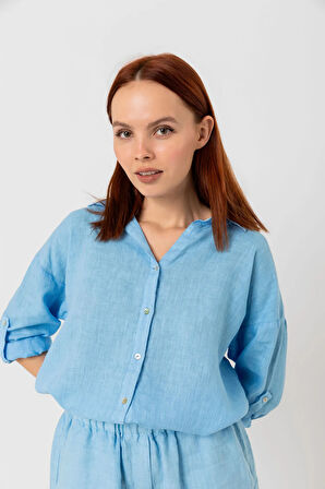 KADIN MAVİ KETEN GÖMLEK