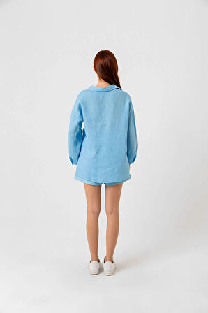 KADIN MAVİ KETEN GÖMLEK