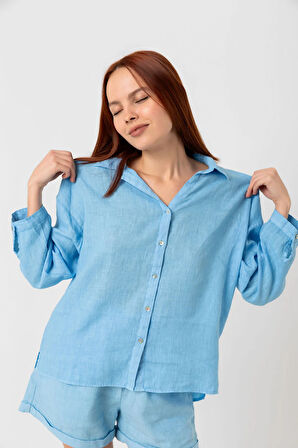 KADIN MAVİ KETEN GÖMLEK