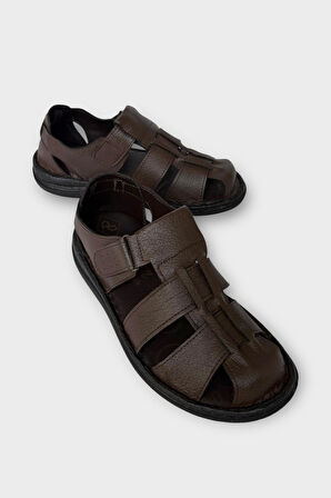 Erkek İçi Dışı Hakiki Deri Ortopetik Yazlık Esnek ve Çok Hafif Günlük Ayakkabı Sandalet KAHVERENGİ