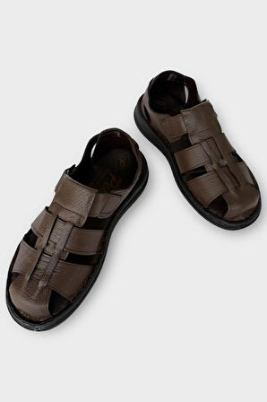 Erkek İçi Dışı Hakiki Deri Ortopetik Yazlık Esnek ve Çok Hafif Günlük Ayakkabı Sandalet KAHVERENGİ