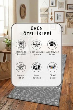 Süme Kgri Beyaz Salon Mutfak Yatak Odası Dijital Baskı Yolluk Halı Beyaz Gri