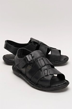 Erkek İçi Dışı Hakiki Deri Ortopetik Yazlık Esnek ve Çok Hafif Günlük Ayakkabı Sandalet SİYAH