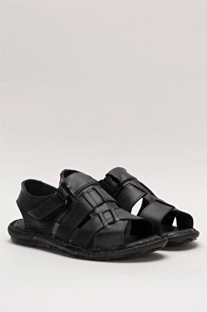 Erkek İçi Dışı Hakiki Deri Ortopetik Yazlık Esnek ve Çok Hafif Günlük Ayakkabı Sandalet SİYAH