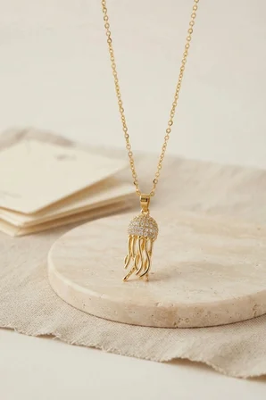 316L Çelik Zincir Gold Renk Zirkon Taşlı Jellyfish Model Kolye