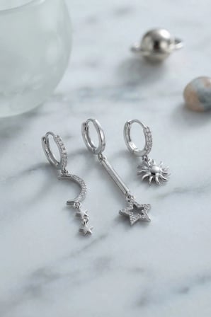 3 lü Set Ay Yıldız ve Güneş Model Gümüş Renk Kadın Küpe