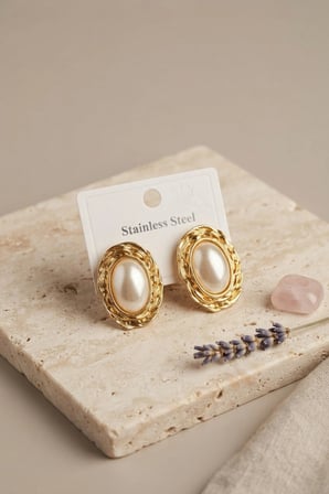 316L Gold Renk Gold Renk Vintage Beyaz İncili Model Küpe