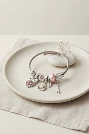 Pembe Baykuş Charmlı Gümüş Renk Bileklik