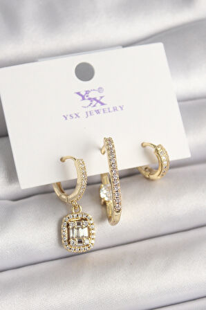 Pirinç Gold Renk Zirkon Taşlı Baget Halka Model 3'Lü Kadın Kombin Küpe - TJ-BKP10467