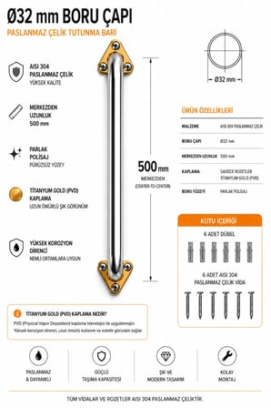 Çap 32 Yaşlı Hasta Engelli Paslanmaz Çelik Gold Kaplama Premium Tuvalet Tutunma Barı 50cm