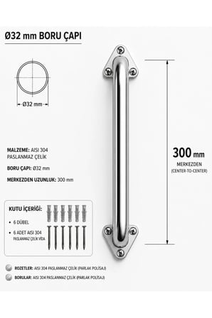 Çap 32 Yaşlı Hasta Engelli Paslanmaz Çelik Tuvalet Tutunma Barı 30cm