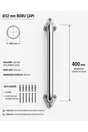 Çap 32 Yaşlı Hasta Engelli Paslanmaz Çelik Tuvalet Tutunma Barı 40cm